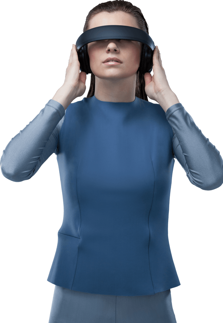 Confident Woman Engaging with Transparent Virtual Reality Headset