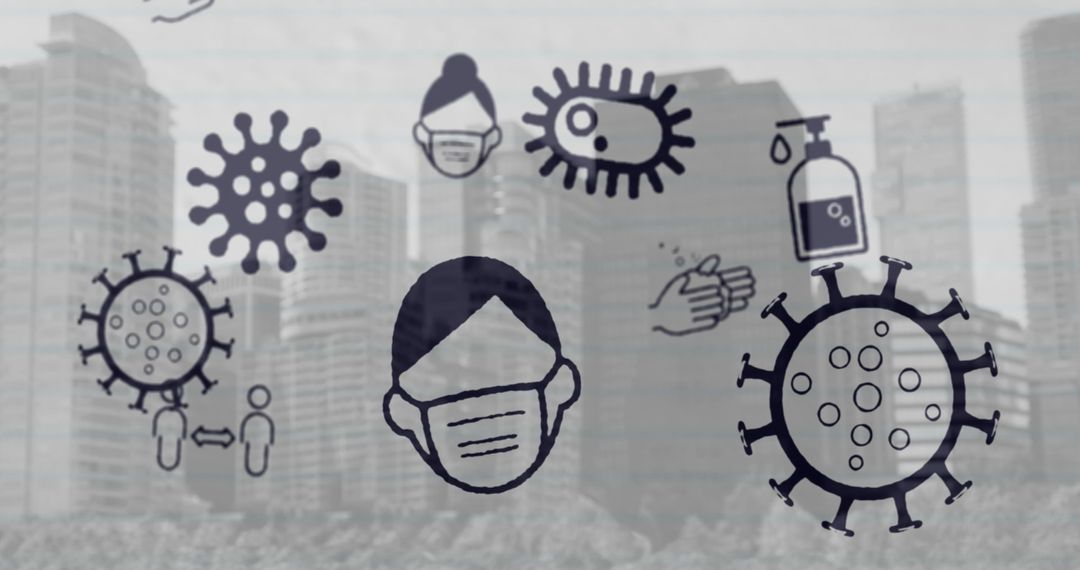 Coronavirus Icons on Urban Skyline Highlighting Pandemic Features