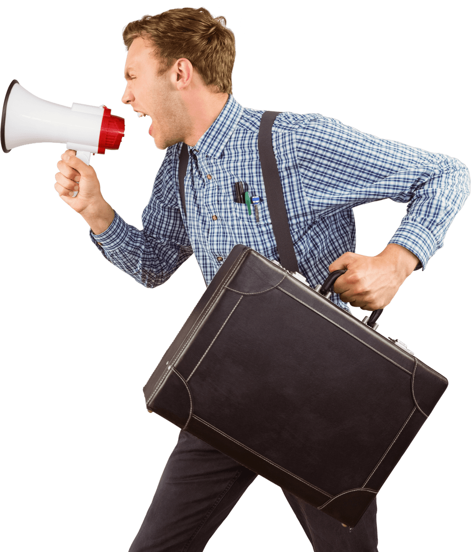 Transparent Businessman Shouting Energetically Through Megaphone