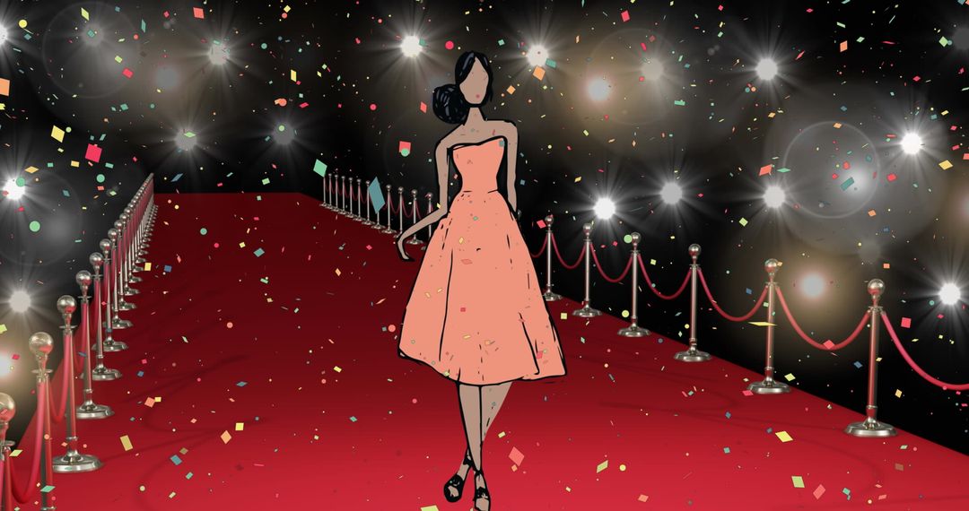 Fashion Illustration of Model Walking Red Carpet with Glamorous Lights