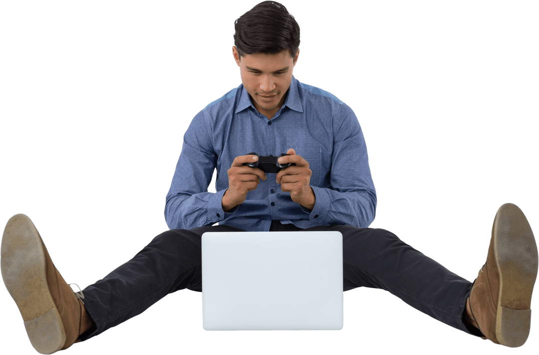 Man in Casual Attire Controlling Game Behind Laptop, Transparent Background