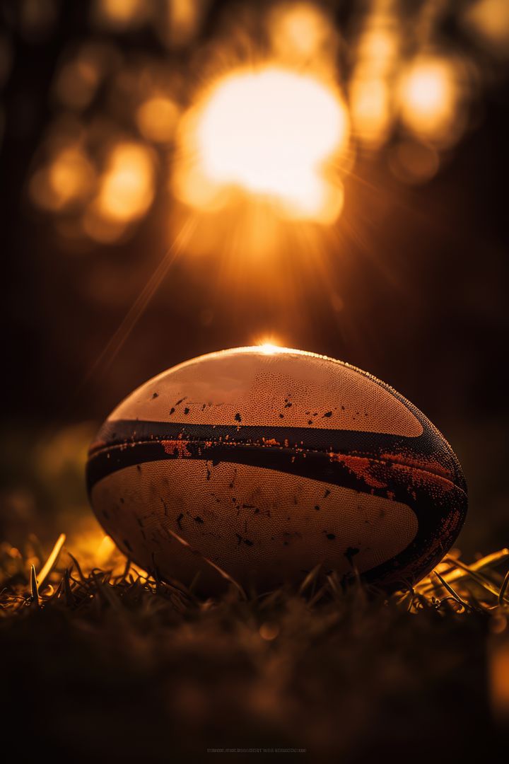 Close up of rugby ball on grass at sunset, created using generative ai technology - Free Images, Stock Photos and Pictures on Pikwizard.com