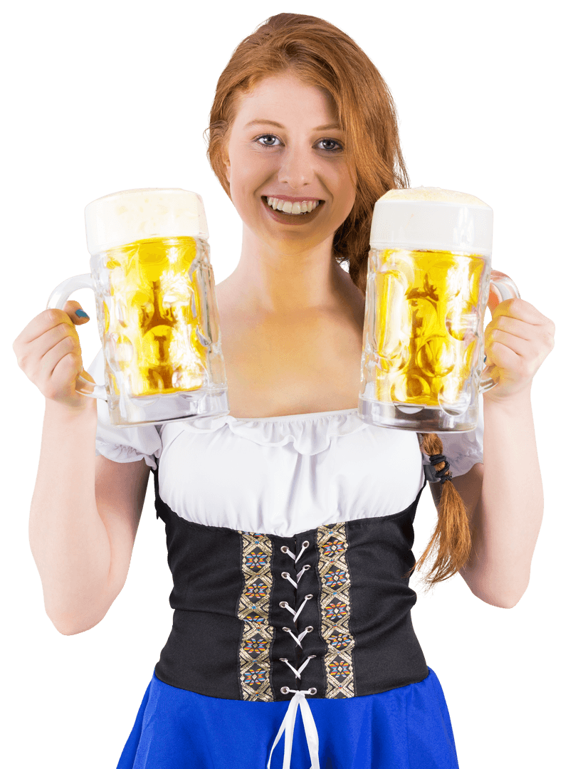 Smiling Woman in Bavarian Costume with Beer Jugs Transparent Background
