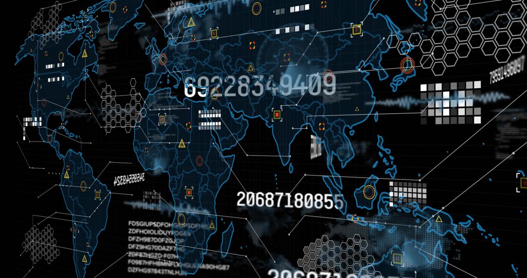 Futuristic Digital World Map Interface with Cybersecurity Elements