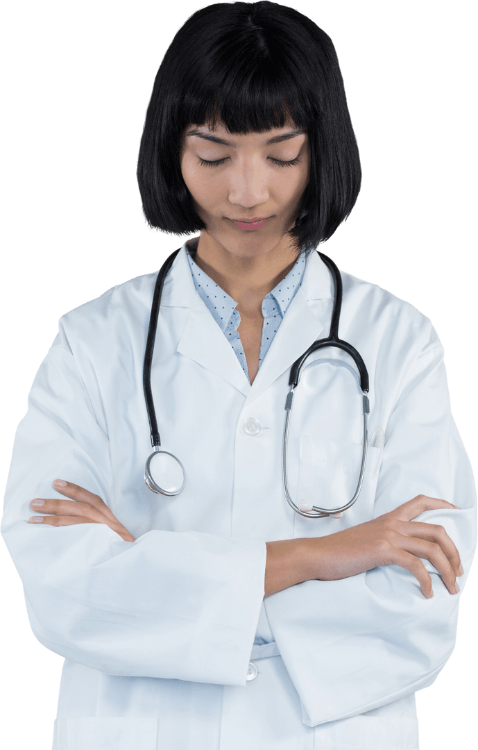 Thoughtful Doctor in Lab Coat with Stethoscope on Transparent Background