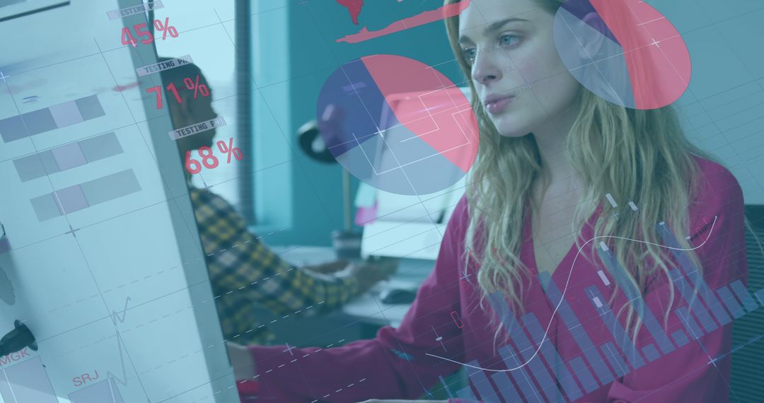 Businesswoman Analyzing Data on Computer in Office Setting