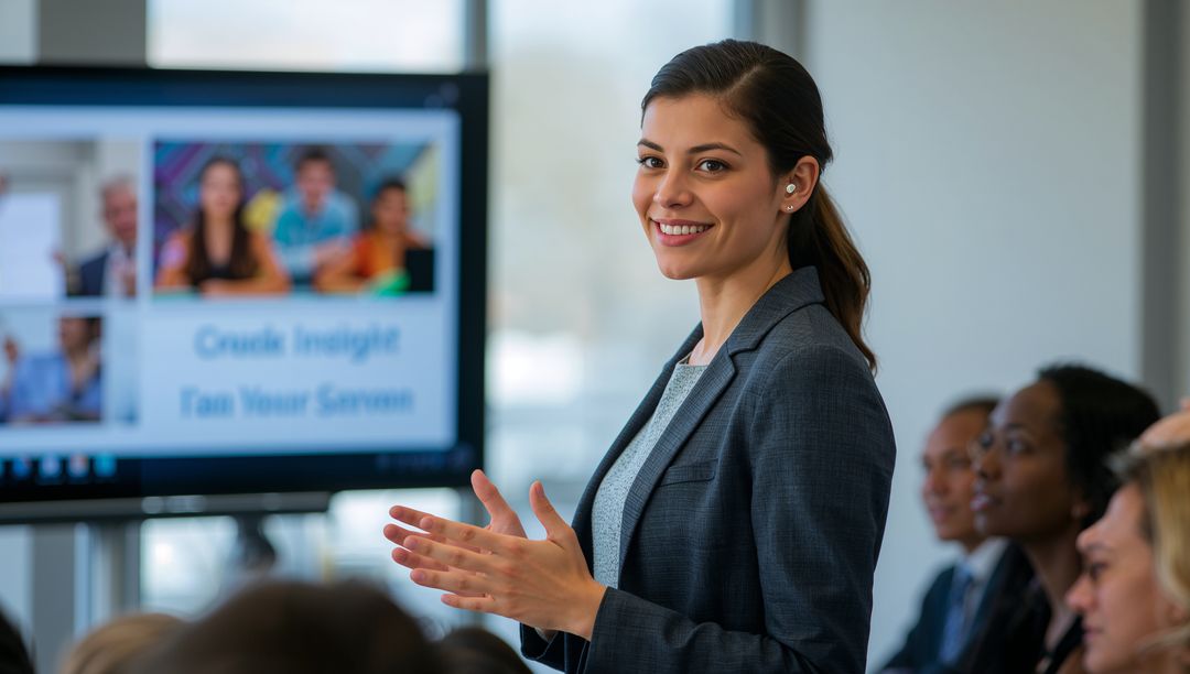 Confident Executive Presenting with Display Slides in Meeting Room