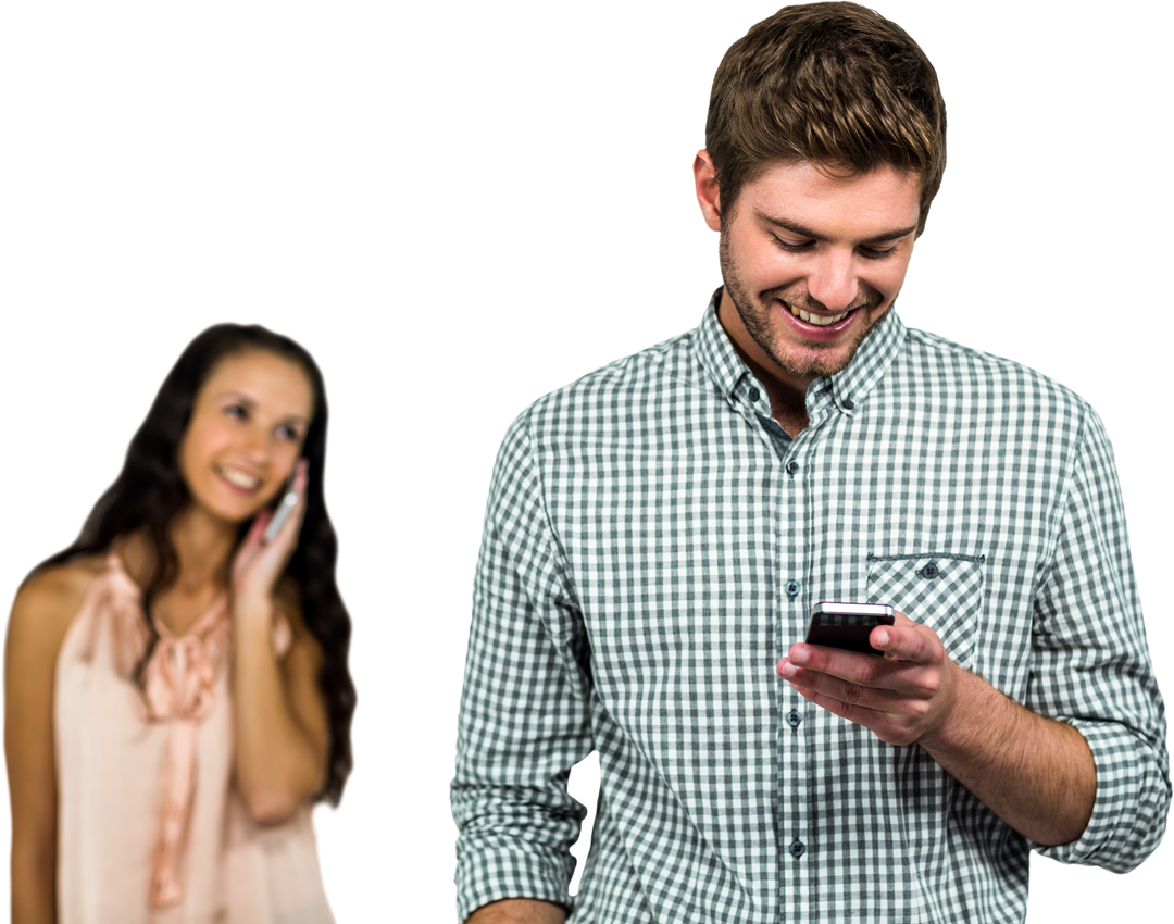 Transparent Couple Using Smartphones Smiling with Joy - Download Free Stock Images Pikwizard.com