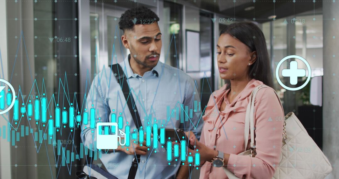 Diverse Coworkers Discussing Data with Tech Overlay in Modern Office