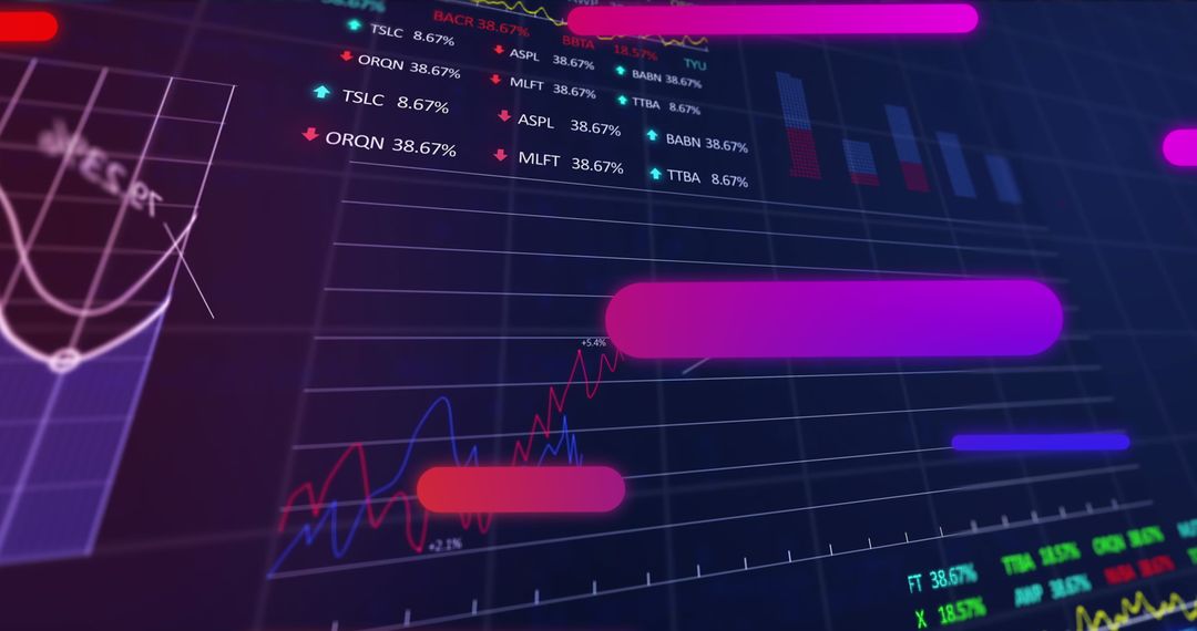 Digital Interface with Financial Data and Graphs on Black Background