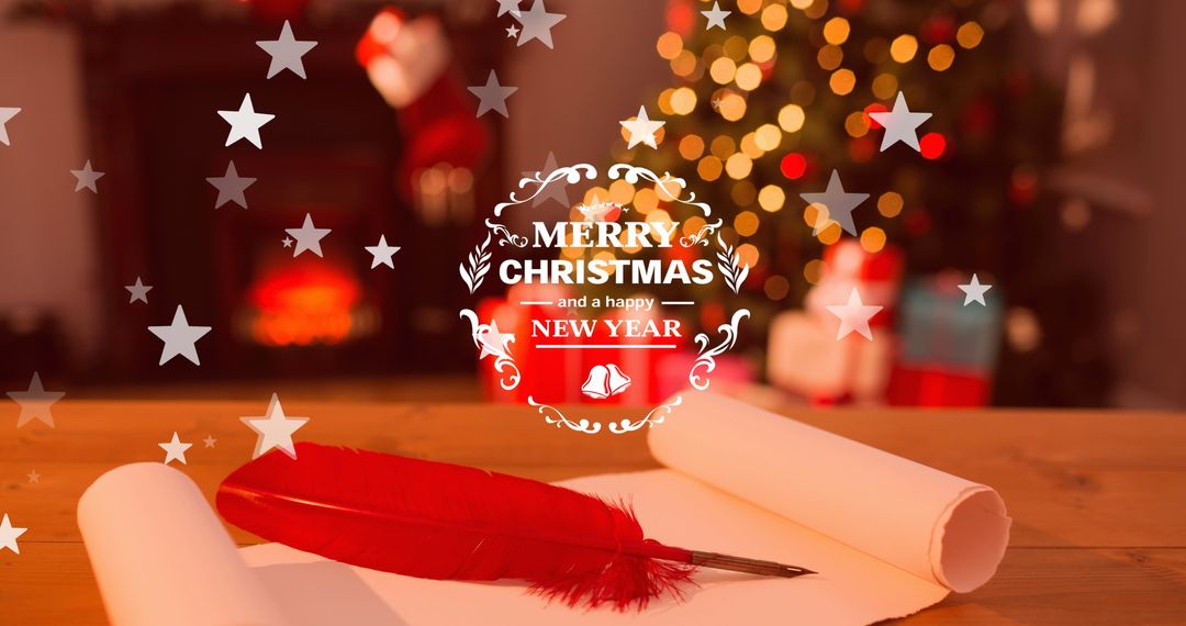 Festive Christmas Greeting with Tree and Red Feather Quill