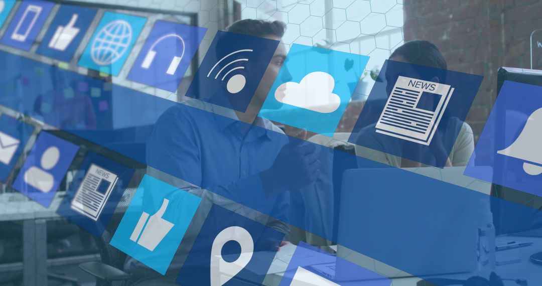 Colleagues Brainstorming Digital Strategy with Social Media Interface