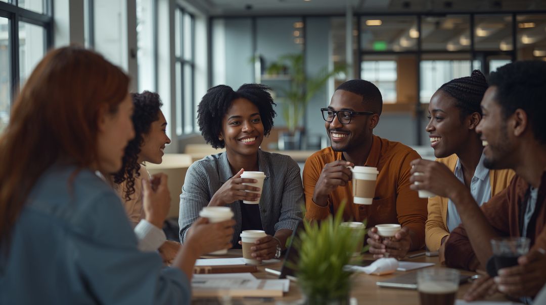 Diverse Team Sharing Coffee Break and Brainstorming Around Laptop in Modern Office Lounge