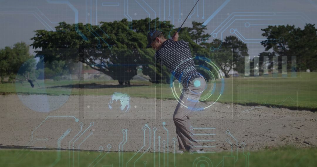 Golfer Swinging with Digital Interface Overlay Focusing on Precision and Technology