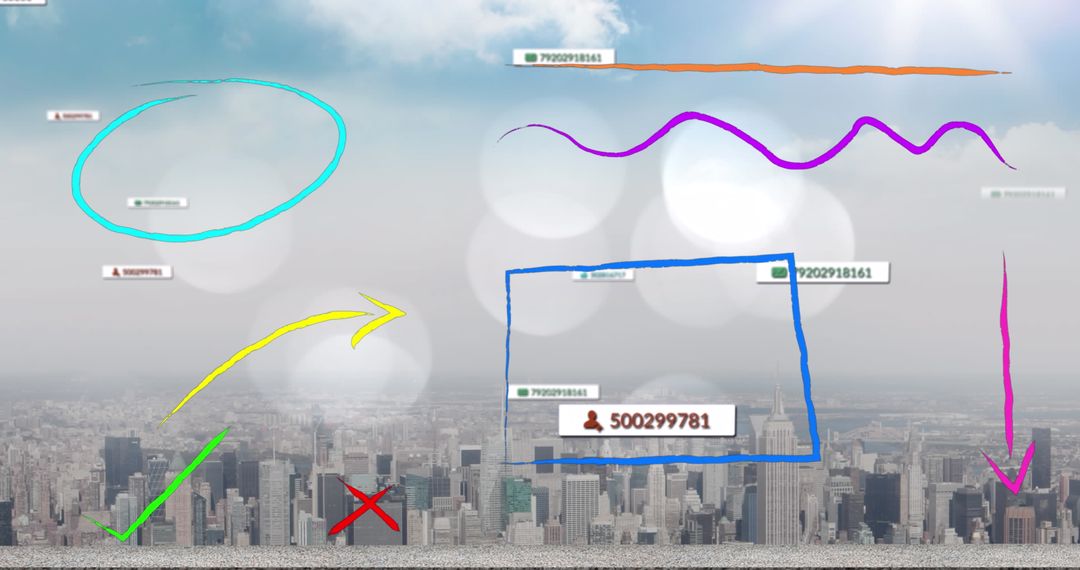 Colorful Abstract Shapes with Social Media Icons over Cityscape