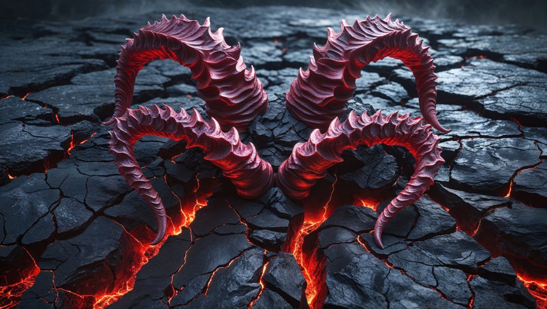 Fiery demonic twisted horns emerge from cracking volcanic plain