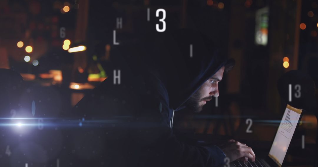 Caucasian Hacker Working on Laptop with Digital Data Overlay