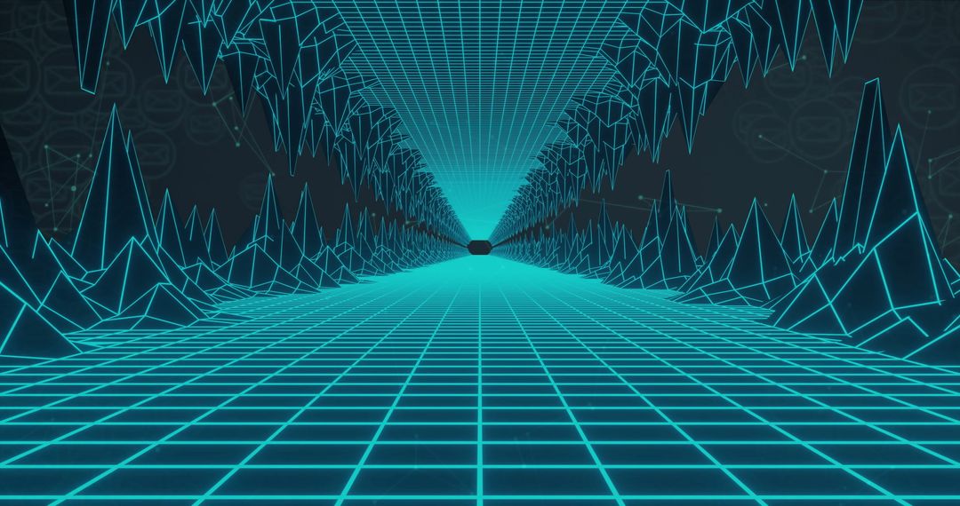 Futuristic Digital Tunnel with Neon Grid and Geometric Shapes
