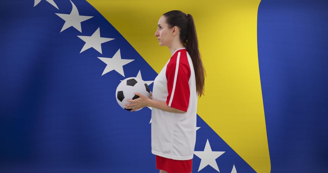 Caucasian Female Soccer Player Holding Ball Against Bosnia and Herzegovina Flag - Free Images, Stock Photos and Pictures on Pikwizard.com