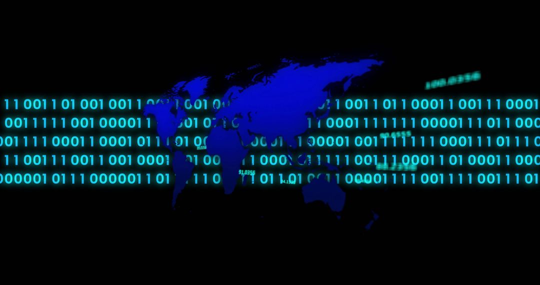 Glowing World Map Overlaid with Binary Digital Code