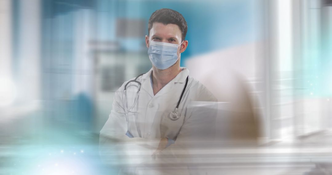 Caucasian Doctor in Protective Mask with Stethoscope in Hospital