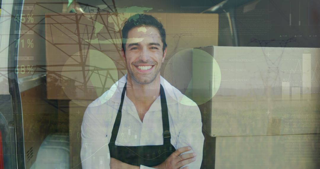 Confident Delivery Driver with Digital Interface Background