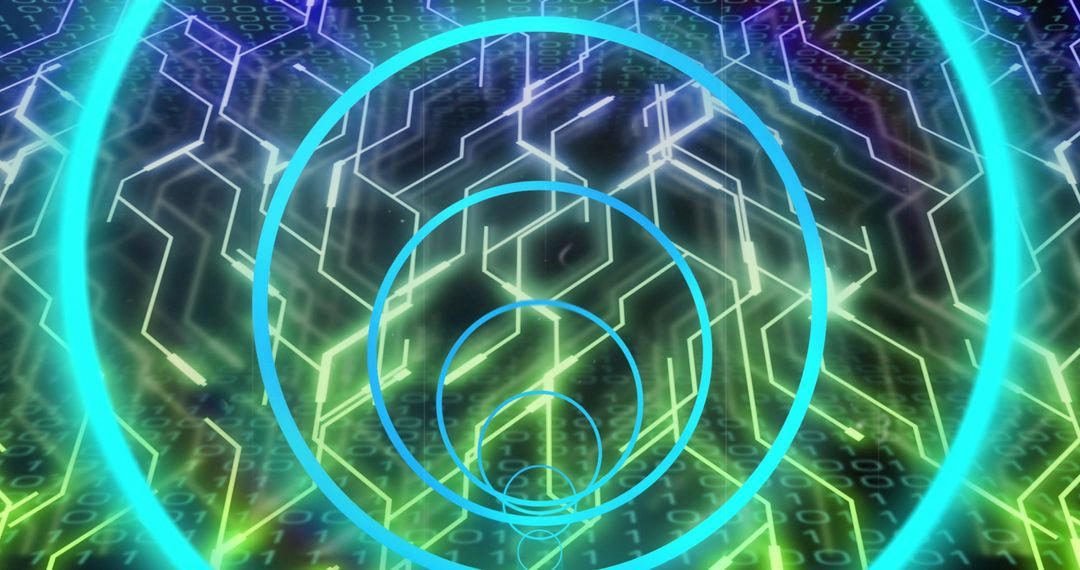 Neon Blue Circles Over Circuit Board with Digital Data Patterns