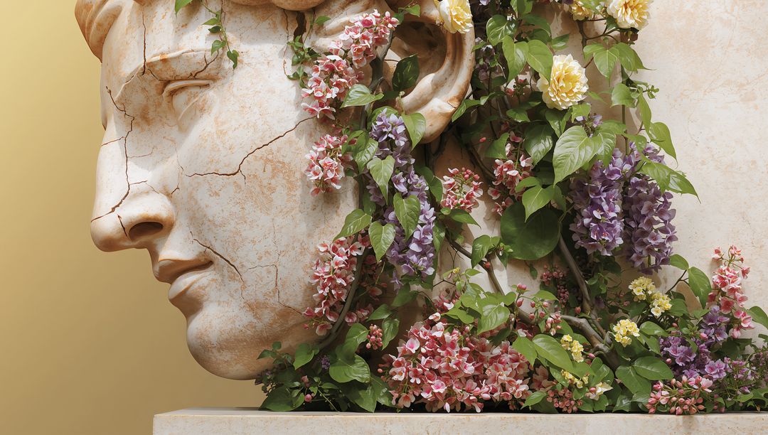 Classical Marble Bust Entwined with Vibrant Floral Vines