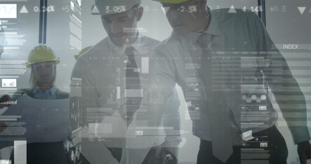 Architects Discussing Plans with Financial Data Overlay