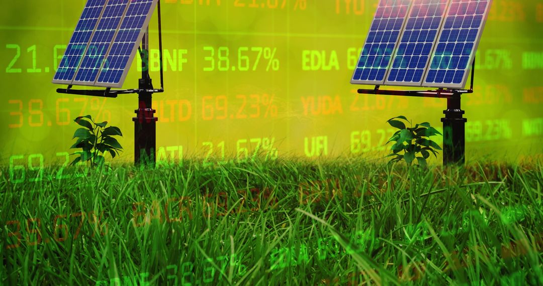 Solar Panels in Field with Financial Data Overlay