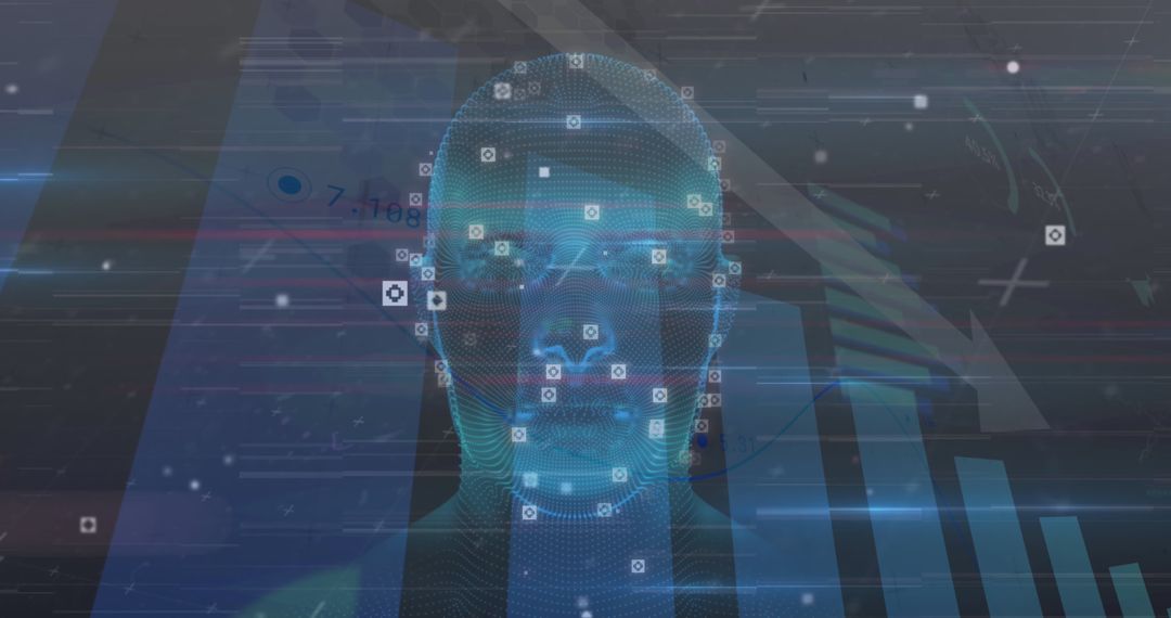 Futuristic Digital Face with Data Points and Graphs