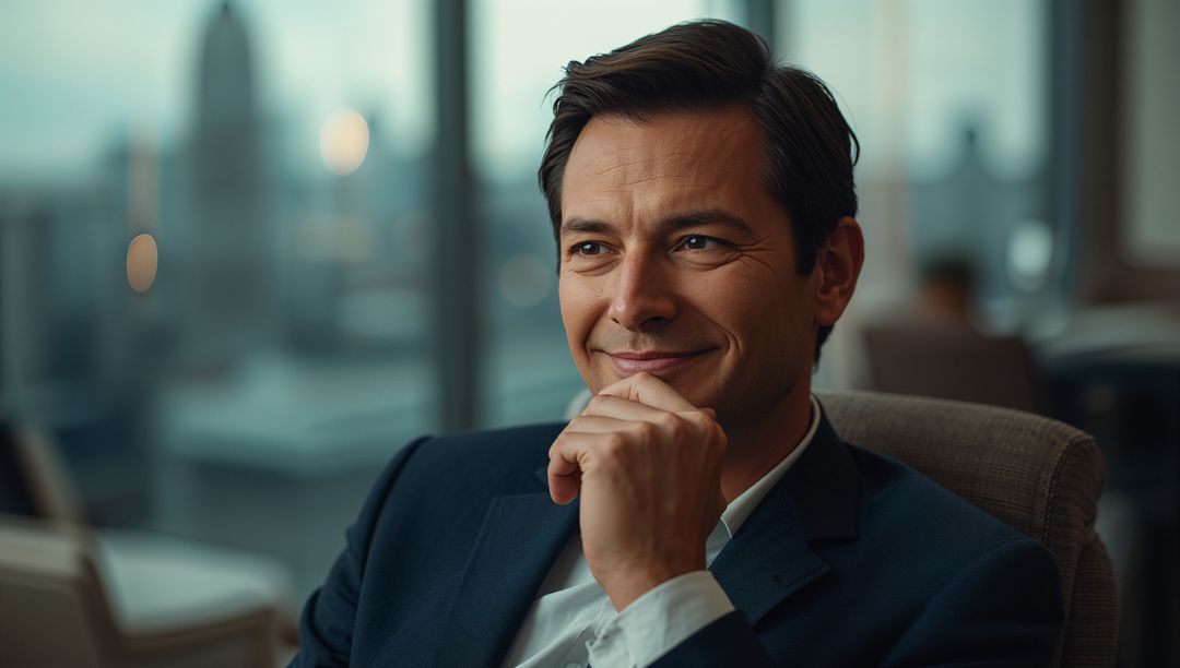 Smiling Professional in Office with Urban Skyline