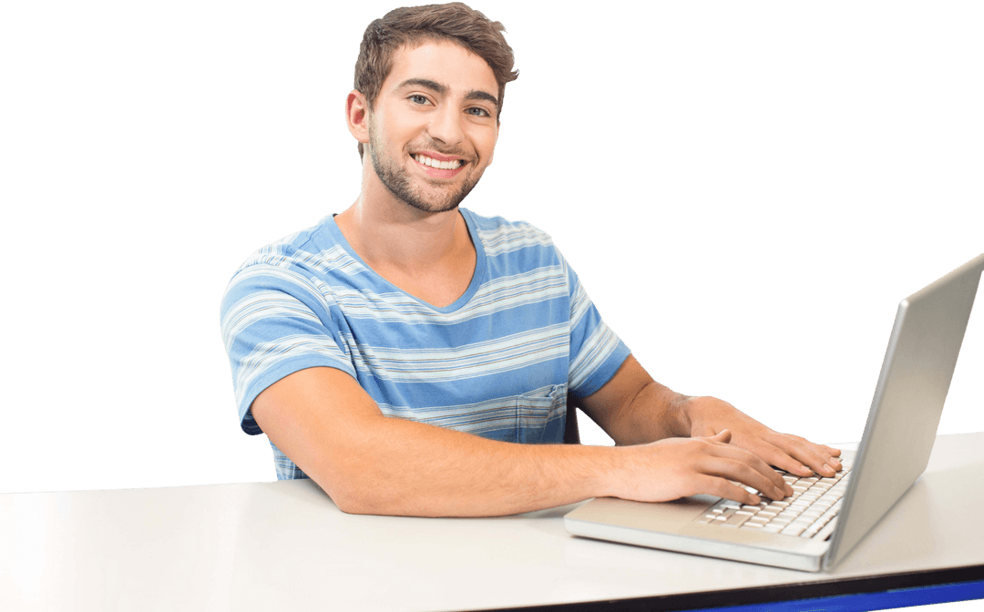 Caucasian Man Smiling with Laptop on Transparent Background