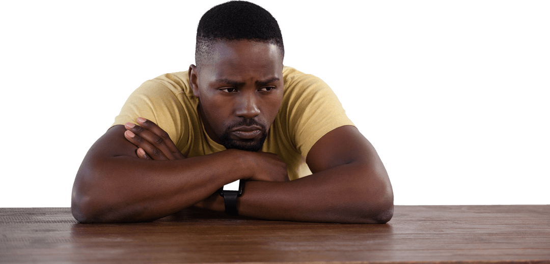 Transparent Face Palming Man Leaning on Desk Looking Sad