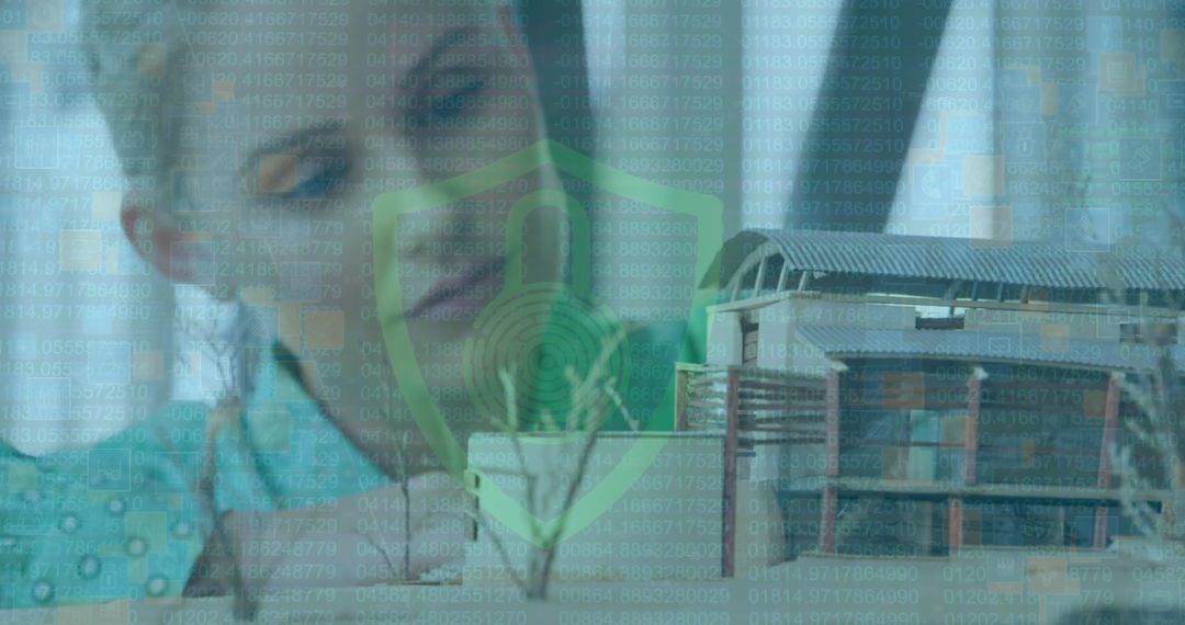 Digital Security Overlay on Businesswoman and Office Environment