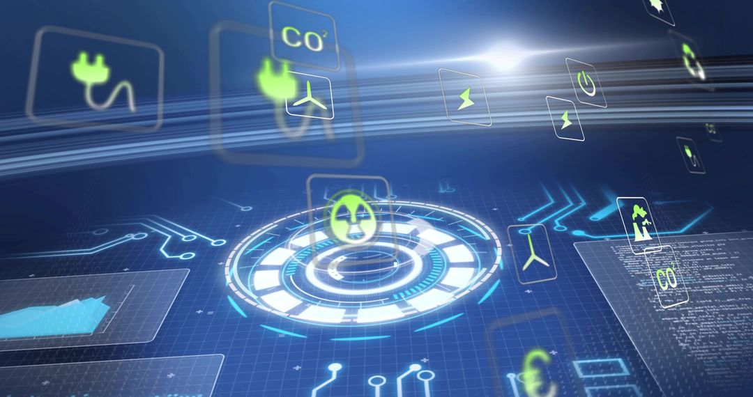 Holographic Energy Dashboard HUD Visualizing Nuclear Core, Renewable Icons and CO2 Metrics