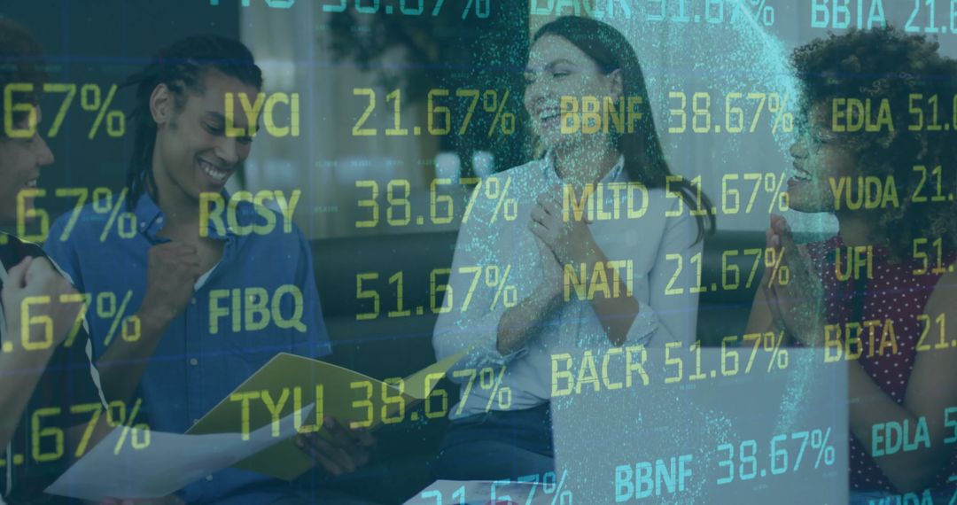 Business Team Celebrating with Stock Data Overlay