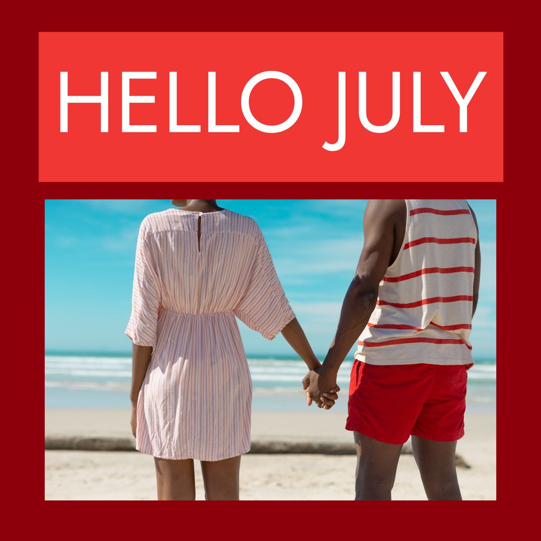 Hello July Greeting with Couple Holding Hands on Beach