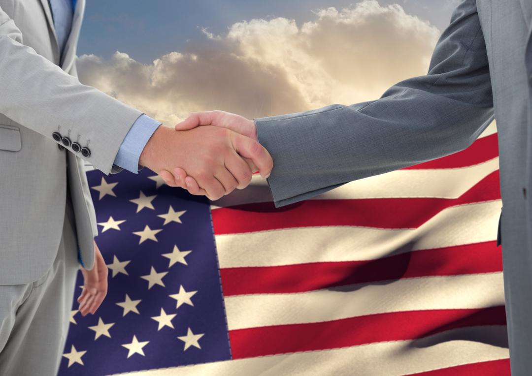 Businessmen Shaking Hands with American Flag in Background - Free Images, Stock Photos and Pictures on Pikwizard.com
