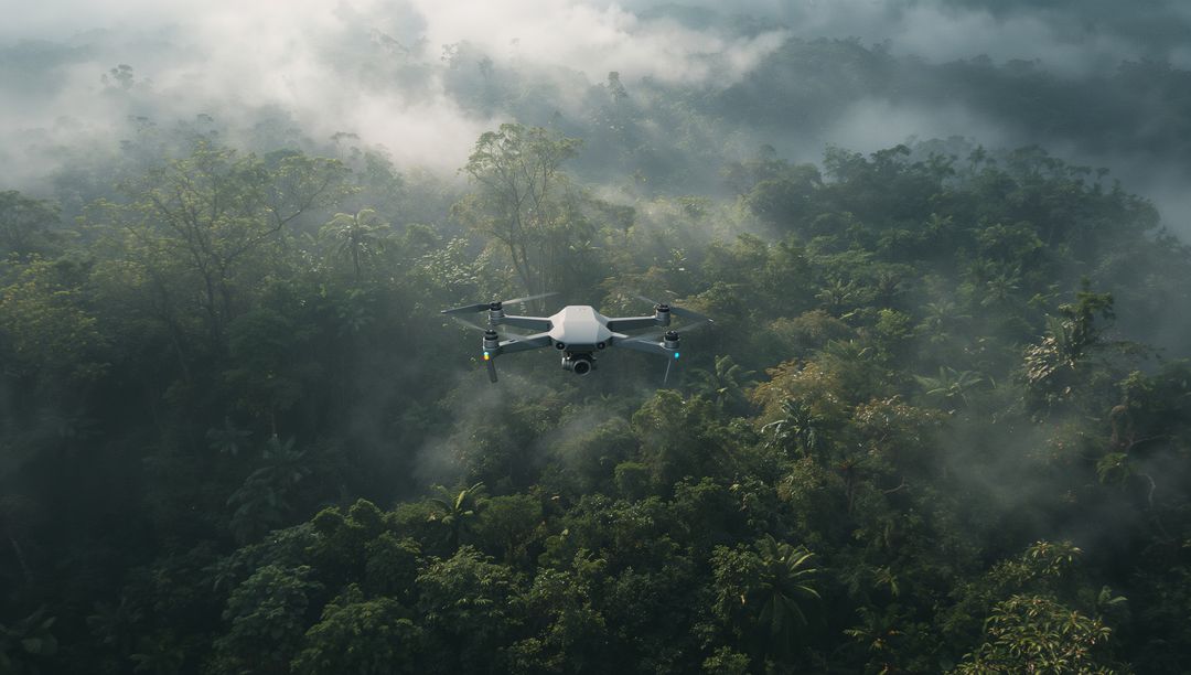 Misty rainforest drone surveying canopy with camera gimbal and glowing rotor lights