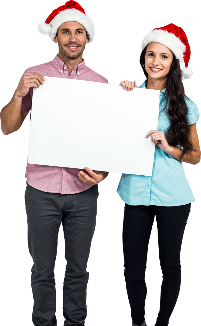 Festive Couple Holding Blank Transparent Sign with Santa Hats