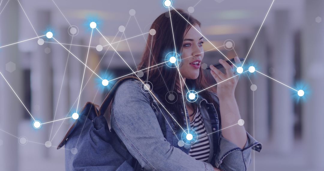 Woman Using Smartphone with Digital Network Overlay