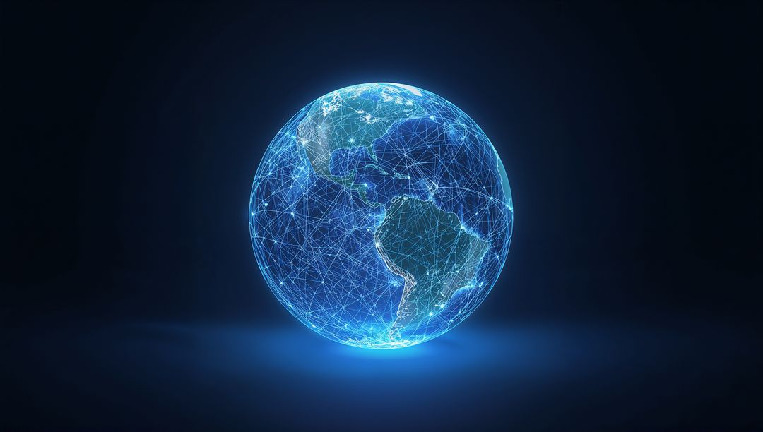 Holographic Earth Globe Connecting Global Digital Networks with Neon Light Grid