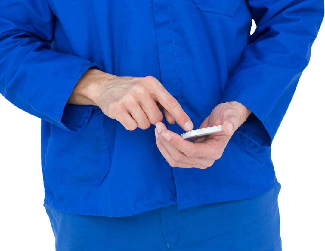 Mechanic Texting on Smartphone, Blue Work Uniform, Transparent Background - Download Free Stock Images Pikwizard.com