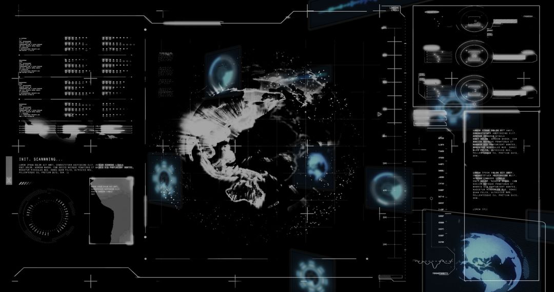 Futuristic Digital Interface with Global Hologram and Data Panels