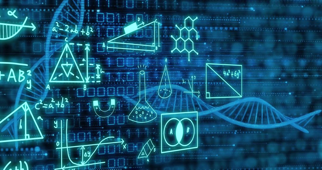 DNA Strands with Scientific Data and Binary Code Overlay