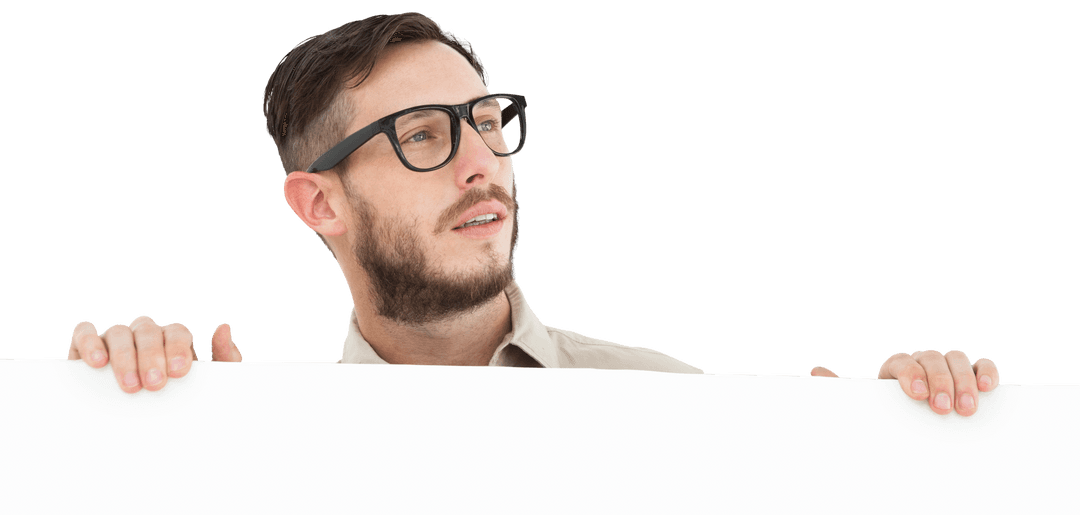 Young Geeky Hipster Holding Transparent Blank Banner