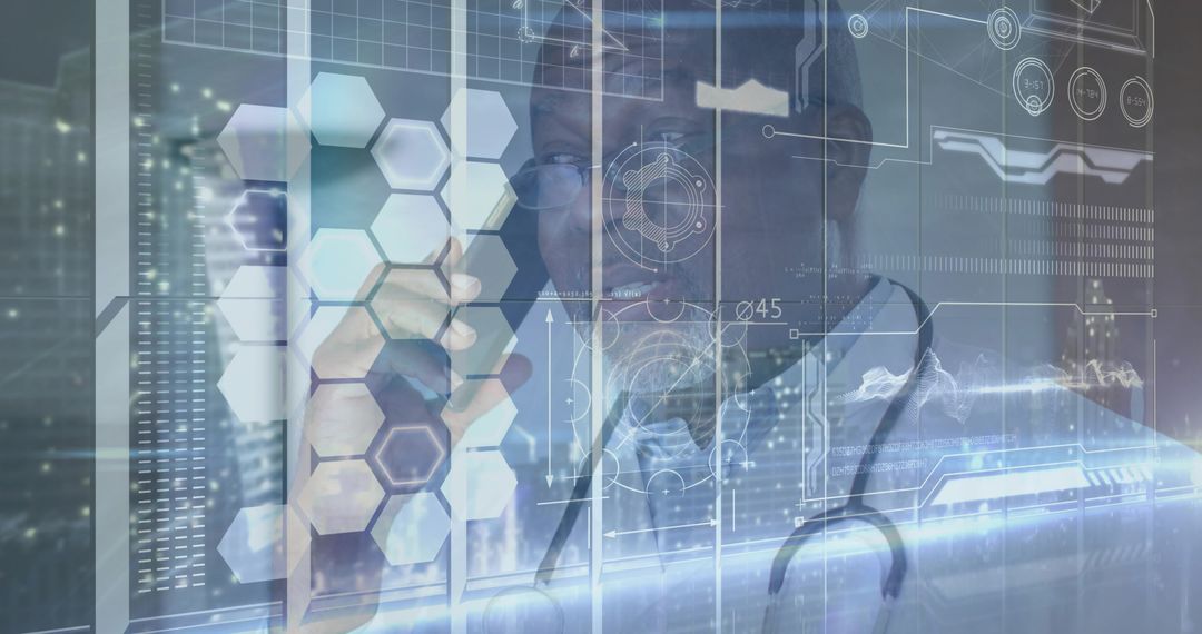 Doctor Interacting with Holographic Medical Interface Touching Hexagonal Data Tiles