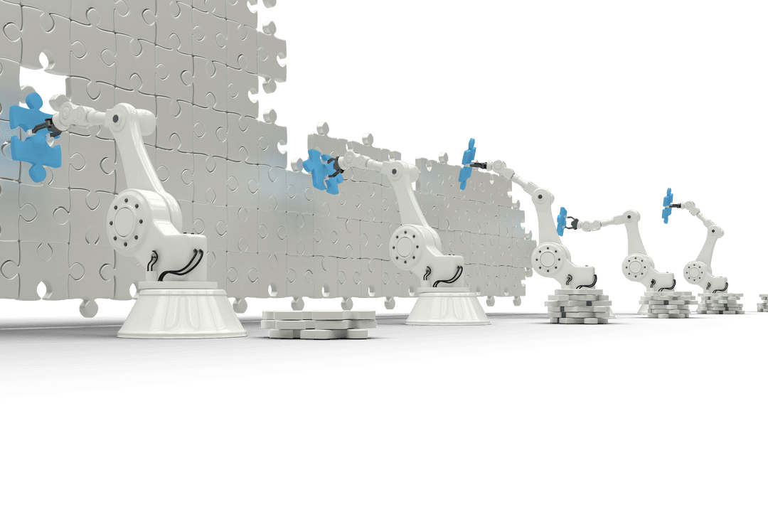 Robotic Arms Building Puzzle on Transparent Background for Tech Innovation