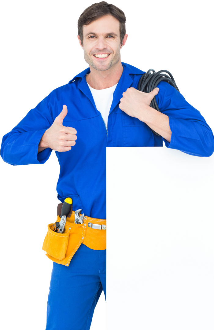 Smiling Electrician Holding Board and Wiring Giving Thumbs Up on Transparent Background - Download Free Stock Images Pikwizard.com